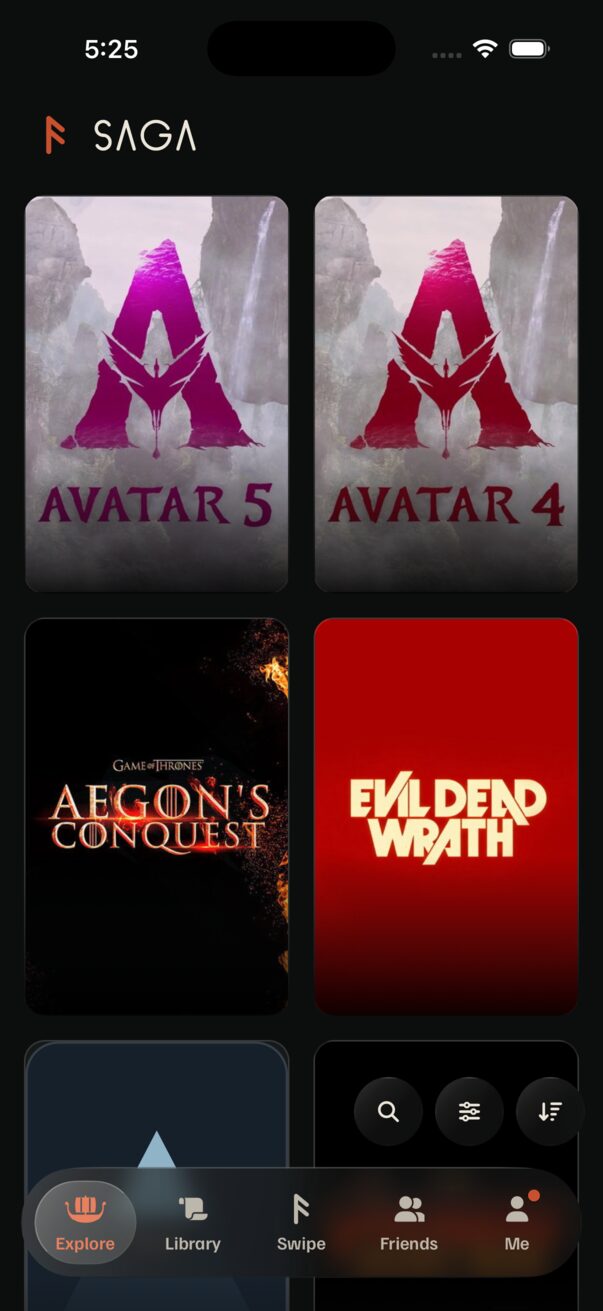 Explore with three round buttons above the tab bar