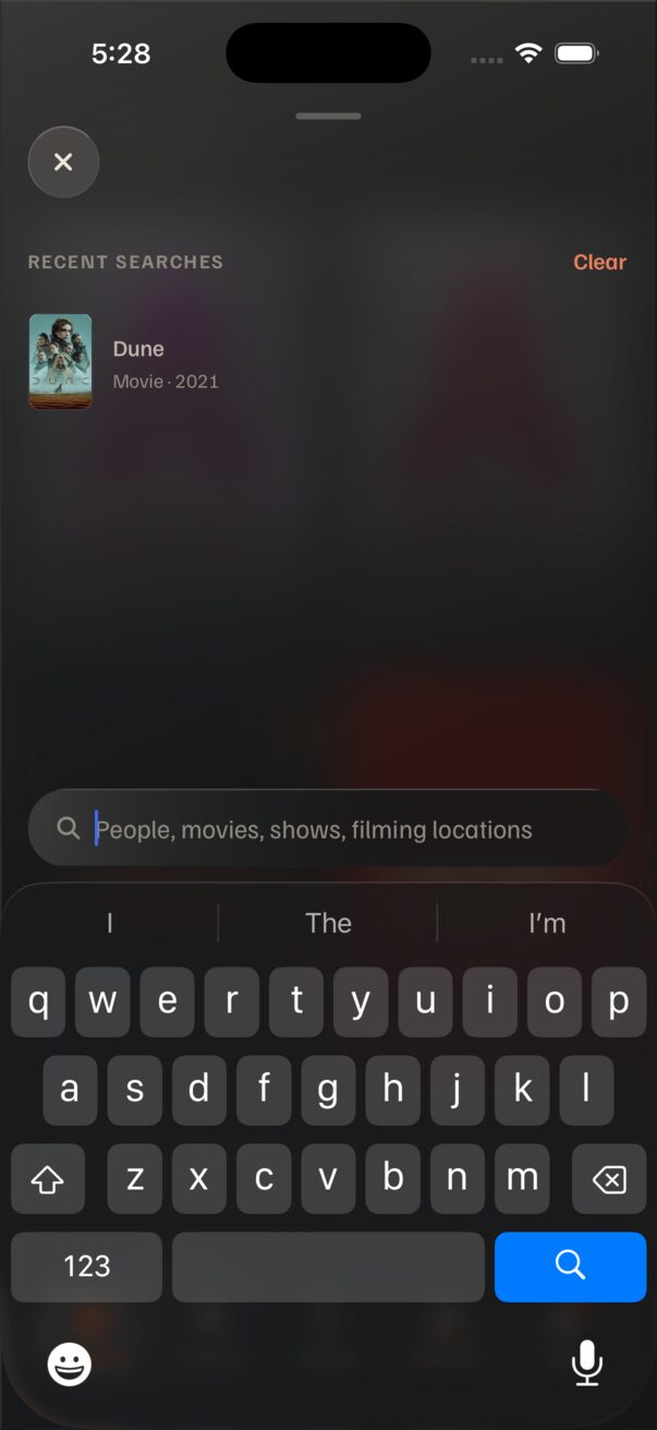 Spotlight open, empty field above the keyboard, one recent search