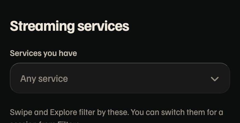 Streaming services page with a dropdown