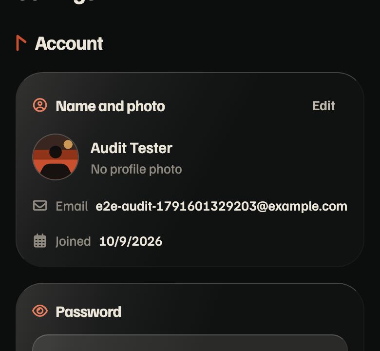 Settings: Edit in header, Change password button, Joined date