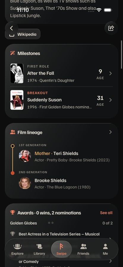 Brooke Shields: Wikipedia button, Milestones, Film lineage ladder