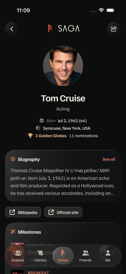 Tom Cruise's page at rest: photo, name, facts, Biography, then Wikipedia and Official site buttons