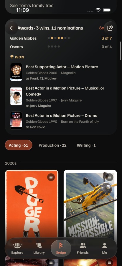 Awards card, department buttons and the 2020s credits