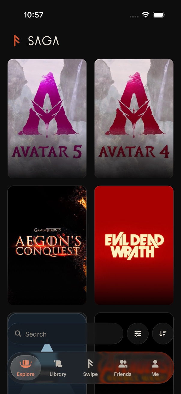 Explore at rest: search row and the full tab bar