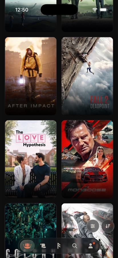 Explore scrolled far down: the bar is a small centered capsule, Filters and Sort still at the right edge