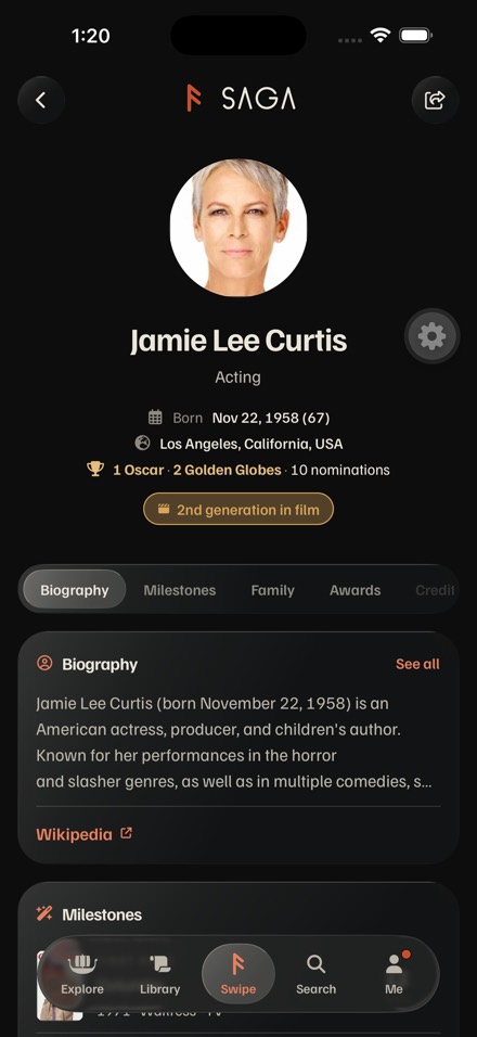 Jamie Lee Curtis's person page header