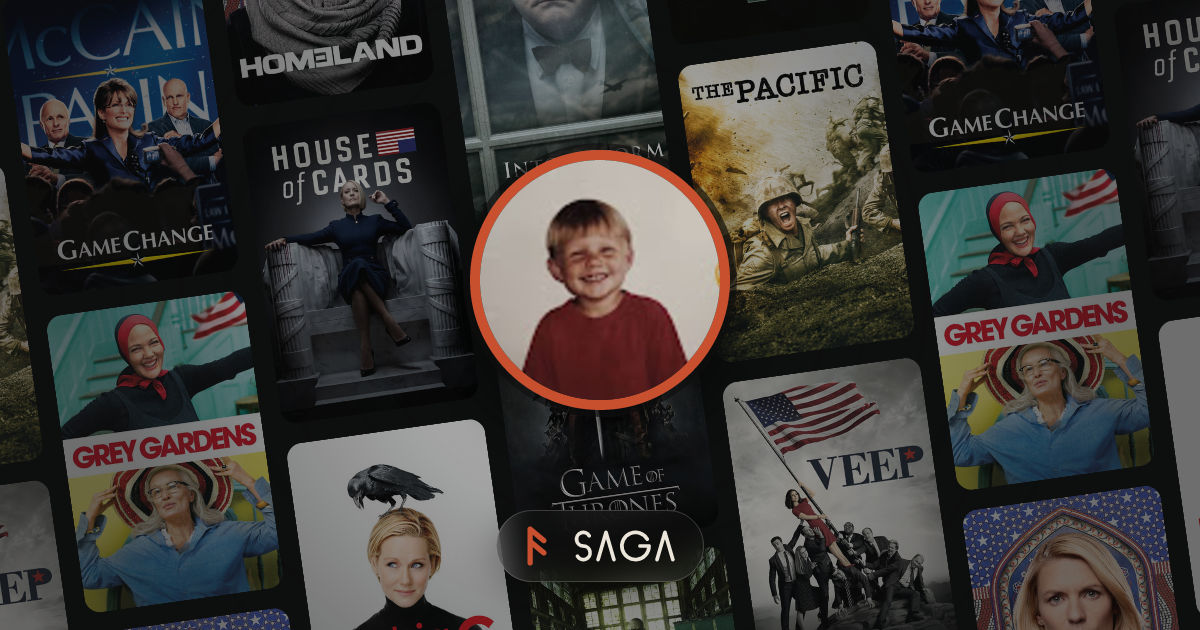 Tanner's shared card: his photo in an ochre ring over a tilted wall of his posters, the Saga capsule below